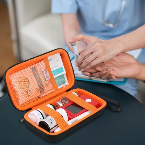 Vista 7 de BOVKE Estuche de viaje para suministros para diabéticos, bolsa de transporte para kit de prueba de diabetes, medidores de monitor de glucosa en Negro