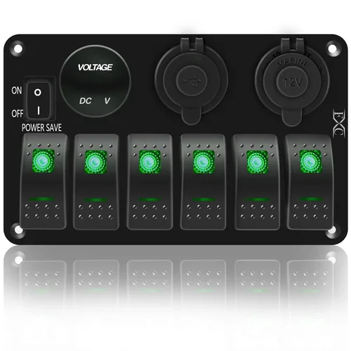 Vista 9 de FXC Panel de interruptor basculante de barco marino impermeable de 6 bandas con enchufe de ranura USB doble de 3.1 A + encendedor de cigarrillos +