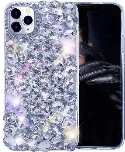 Vista 2 de Funda para iPhone 11 Pro Max con purpurina 3D, funda de lujo brillante con diamantes de imitación de diamantes de imitación y gemas transparentes