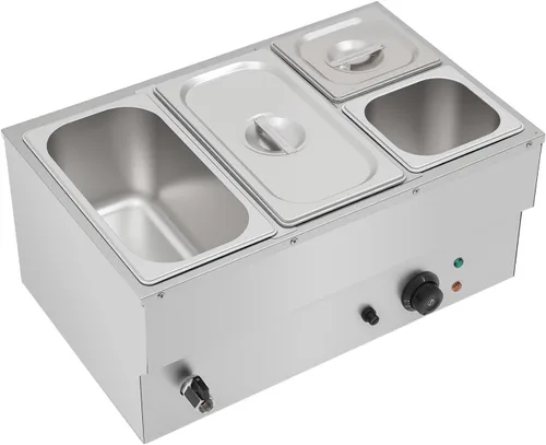Vista 17 de DYNAMI Calentador de alimentos para bufé comercial de 110 V, mesa de vapor eléctrica grande de acero inoxidable de 3 bandejas con diseño