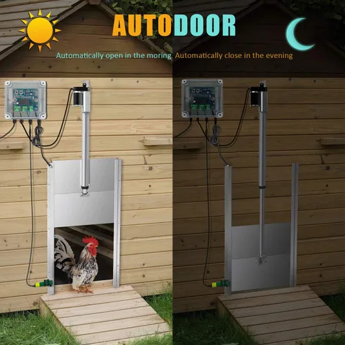 Vista 4 de Chicken Coop - Kit de abridor de puerta automático con sensor de luz, motor actuador de controlador de exterior a prueba de lluvia, control remoto