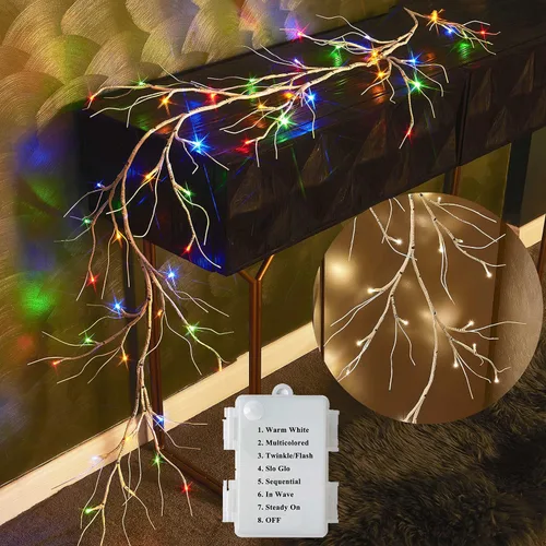 Vista 3 de Hairui Guirnalda de abedul iluminada, funciona con pilas, con 8 funciones, 48 luces blancas cálidas y multicolor, de 6 pies, guirnalda preiluminada