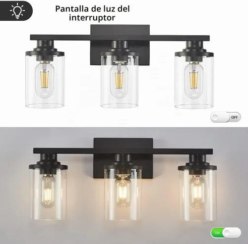Vista 6 de 3 Luces Negras para Tocador de Baño con Pantalla de Vidrio Transparente, Apliques de Pared Modernos de Iluminación para Baño Sobre Espejo