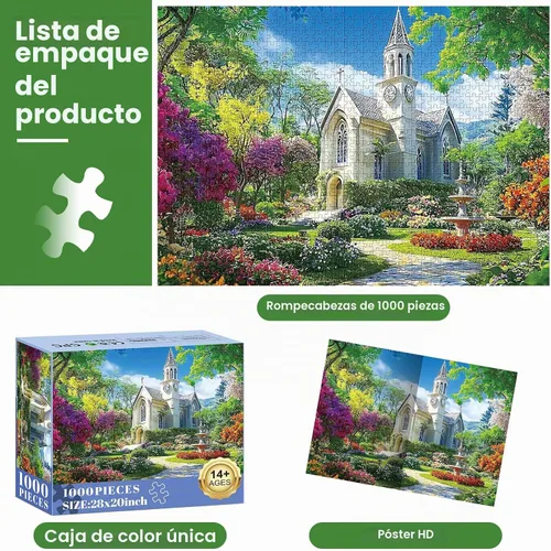 Vista 6 de Rompecabezas de 1000 piezas para adultos, rompecabezas de pequeña capilla, hermoso rompecabezas de jardín de campo de 1000 piezas, divertido