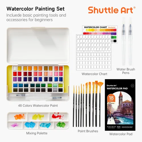 Vista 4 de Shuttle Art - Juego de pintura de acuarela de 48 colores en medias bandejas con 2 bolígrafos de pincel de agua, 10 pinceles de pintura, 1