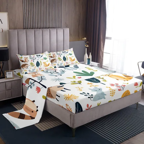 Vista 10 de Erosebridal Juego de sábanas tamaño individual de mapache para niños y niños, sábanas florales rosas de animales del bosque, juego de ropa de cama