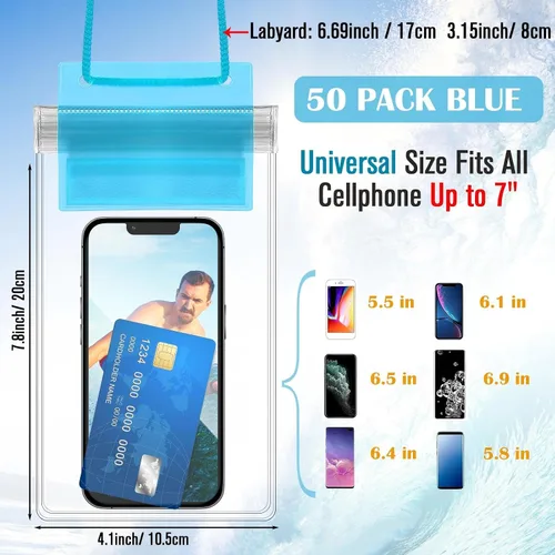 Vista 2 de Flutesan Paquete de 50 bolsas transparentes impermeables para teléfono, funda universal impermeable para teléfono, bolsa seca con cordón