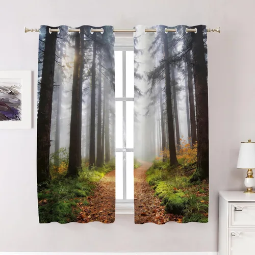 Vista 73 de Cortinas opacas de poliéster multicapa marrón con diseño de bosque natural, 2 unidades, 26 x 24 pulgadas