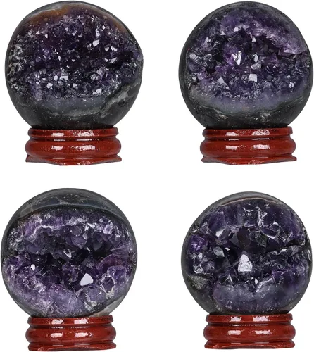 Vista 3 de Nupuyai Esfera decorativa de cristal de amatista con soporte de madera, escultura de piedra esfera, bola de cuarzo para decoración de oficina