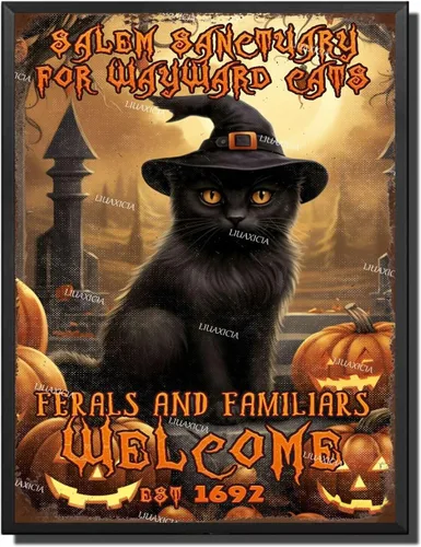 Vista 12 de Letrero decorativo de metal Salem Sanctuary for Wayward Cats Cat Halloween para bares, restaurantes, bares, hoteles, zoológicos, cafeterías, 8.00 x