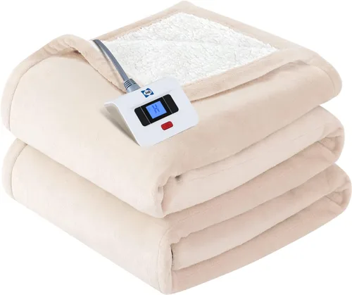 Vista 13 de Sealy - Manta eléctrica térmica, manta de franela y sherpa con 6 ajustes de calor y apagado automático de 2-10 horas, calentamiento rápido y Beige