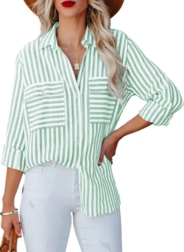 Vista 2 de Yanekop Camisas de popelina a rayas para mujer de manga larga con cuello en V y bolsillos