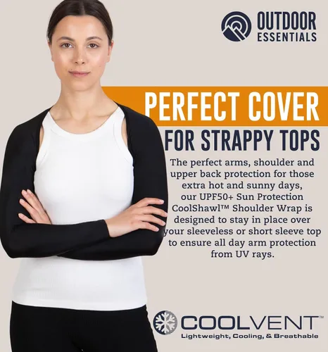 Vista 2 de OutdoorEssentials Mangas de brazo para mujer – Chal de golf UV con mangas – Bolero de entrenamiento – Medias de brazo para protección solar Negro