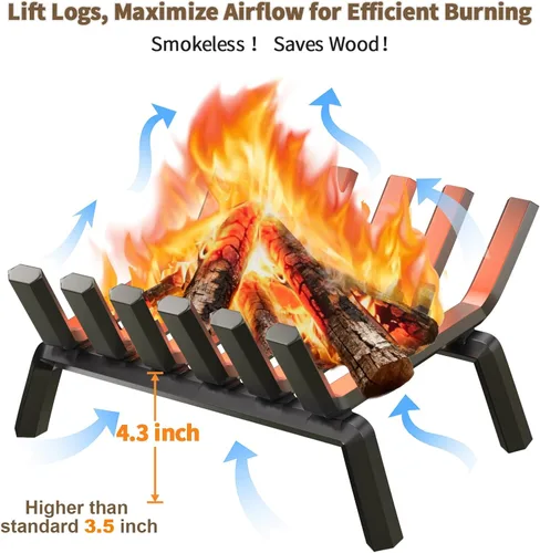 Vista 5 de AMAGABELI GARDEN & HOME Rejilla de leña para chimenea de 17 pulgadas de hierro forjado, rejillas de fuego de leña, soporte para troncos de leña
