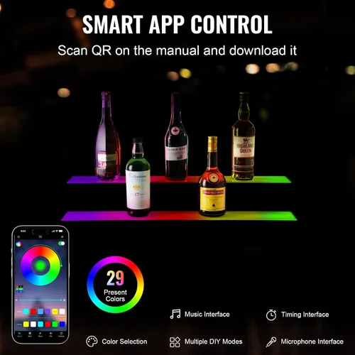 Vista 3 de VEVOR Pantalla de botella de licor con iluminación LED, 2 niveles de 30 pulgadas, compatible con USB, estante iluminado de bar para el hogar