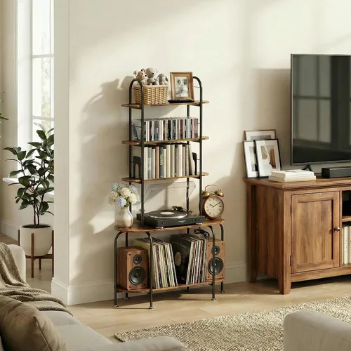 Vista 5 de Faesun Soporte para tocadiscos con almacenamiento, soporte giratorio de 5 niveles con estación de carga, almacenamiento de CD con tapones ajustables