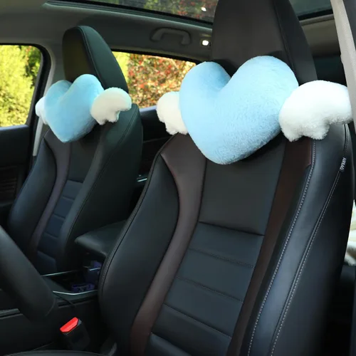 Vista 9 de Paquete de 2 almohadas para reposacabezas de automóvil en forma de corazón con alas de ángel, cómodo cojín suave para reposacabezas kawaii