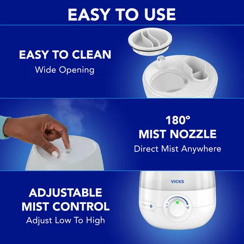 Vista 6 de Vicks Mini humidificador de vapor refrescante sin filtro, para habitación pequeña – Control de niebla variable – Funciona con Vicks VapoPads