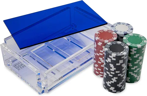 Vista 4 de La Ficha - Juego de fichas de póquer, 100 fichas resistentes y resistentes, incluye 4 fichas de color para jugar, caja de acrílico hecha a mano