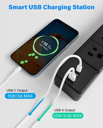 Vista 6 de GFCI - Regleta de alimentación con 4 salidas y 4 puertos USB (2 USB-C), cable de extensión resistente protegido contra sobretensiones de 6 pies Negro