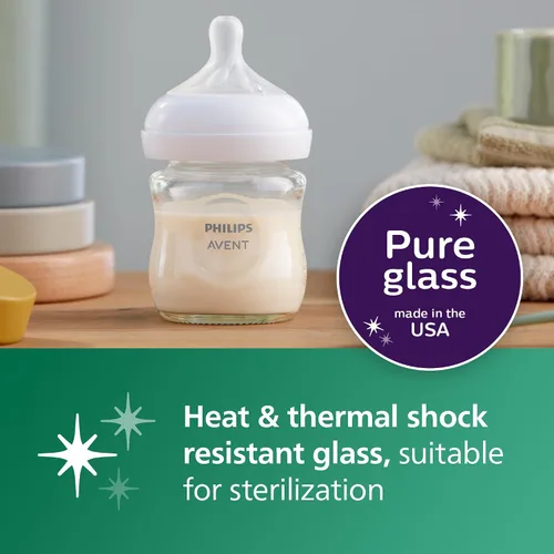 Vista 3 de Philips Avent Biberón de vidrio natural, flujo lento, 4 onzas, sin BPA, paquete de 1 Vidrio de borosilicato, flujo controlado por bebé, diseño sin