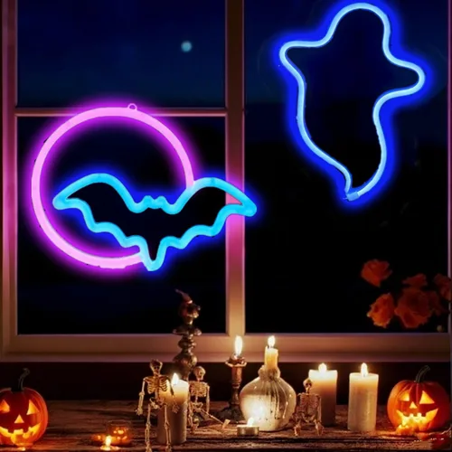 Vista 12 de Letreros de neón de murciélago para dormitorio, mesita de noche, decoración de pared, decoración de Halloween, luces LED de noche, adornos de mesa