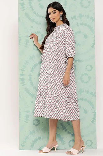 Vista 4 de Janasya Vestido de playa de algodón blanco para mujer, estilo casual, estampado floral, cuello mandarín, bohemio, manga atada, para playa