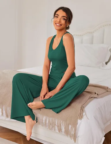 Vista 3 de Ekouaer Conjunto de descanso de 2 piezas para mujer, camiseta corta de punto acanalado, pantalones de pierna ancha con bolsillos S-XXL