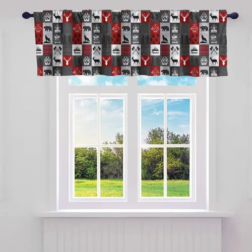 Vista 20 de Cortinas de cenefa de cabaña estilo retro, color negro y rojo, rayas de madera, cenefas de ventana para niños, adolescentes y adultos, oso salvaje
