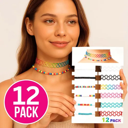 Vista 34 de BodyJ4You Juego de 12 gargantillas elásticas estilo tatuaje, accesorios y joyería de los años 90 y 2000, rosado, azul, verde, colorido, arcoíris