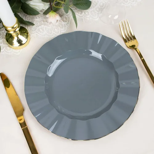 Vista 174 de Tableclothsfactory Paquete de 10 platos redondos de plástico negro de 6 pulgadas para ensalada de postre, platos desechables con borde ondulado