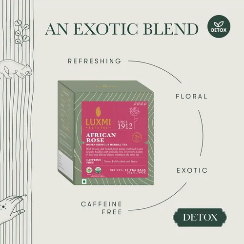 Vista 3 de Luxmi Estates African Rose - Té de rosa orgánico de hibisco (25 bolsas de té), sin cafeína, para desintoxicación, limpieza y digestión, con té
