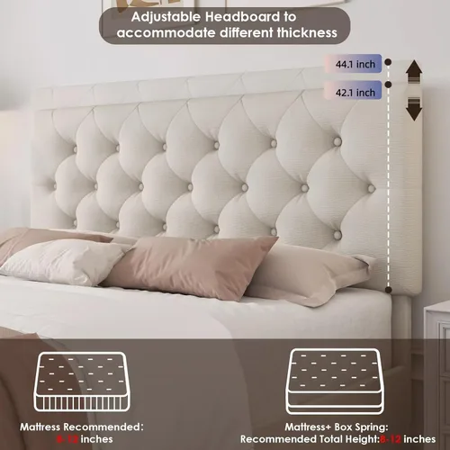 Vista 5 de TTVIEW Base de cama de tamaño matrimonial con 4 cajones de almacenamiento y cabecera ajustable, plataforma tapizada con diseño capitoné, soporte