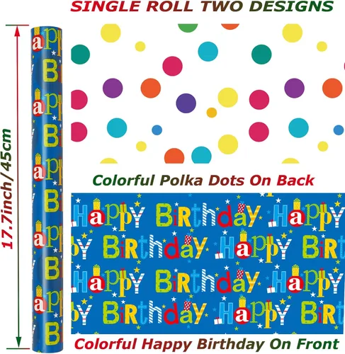 Vista 6 de U'COVER Rollo de papel de regalo reversible de feliz cumpleaños para niños y niñas, diseño de lunares, papel de regalo para mujeres, hombres, baby