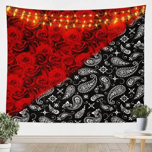 Vista 11 de Tapiz femenino de flores de rosas rojas, tapiz de pared para el día de San Valentín, decoración de habitación de niñas y mujeres, cielo estrellado