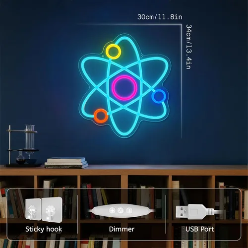 Vista 3 de Atom Neon Sign Molecule - Lámpara de pared LED de ciencia para dormitorio, laboratorio, oficina, decoración de sala de juegos, letrero de luz