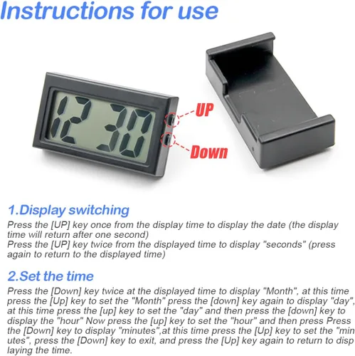Vista 4 de Osilly Mini reloj digital para tablero de instrumentos del automóvil, funciona con pilas y pantalla LCD transparente, reloj digital pequeño con Negro
