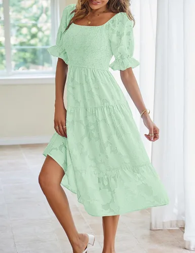 Vista 4 de MEROKEETY Vestido midi escalonado de verano para mujer, manga corta abombada, cuello cuadrado, floral, texturizado, escalonado