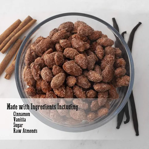 Vista 2 de Pop'N Nuts Almendras tostadas con canela, 24 onzas de nueces glaseadas dulces confitadas Roasted in a German copper kettle. Cinnamon, vanilla and
