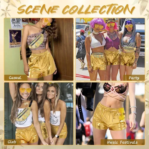 Vista 6 de Pantalones cortos metálicos para mujer con cordón elástico, brillantes, cortos, brillantes, para fiesta de rave, con gafas de sol y riñonera metálica