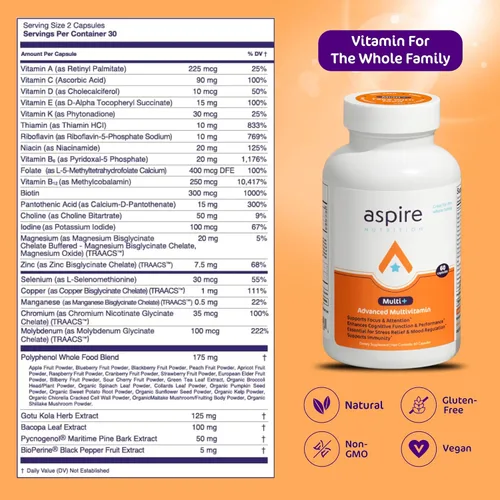 Vista 2 de Multivitamínico avanzado Aspire Multi+ para hombres, mujeres y niños - El mejor suplemento para concentración, atención, memoria, estado de ánimo.