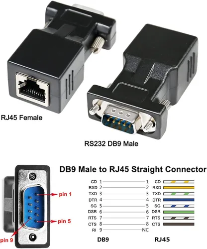 Vista 2 de DTECH Adaptador serie DB9 a RJ45 RS232 macho a RJ-45 Convertidor Ethernet hembra compatible con dispositivos estándar RS-232 de 9 pines