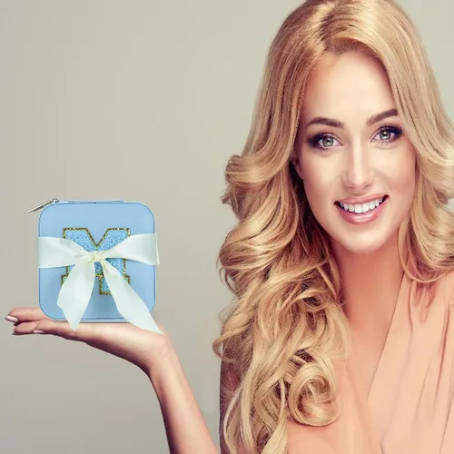 Vista 4 de Joyero de viaje para niñas, joyero azul con inicial L, joyero de viaje para niñas, joyero para niñas, accesorios de viaje en el aeropuerto