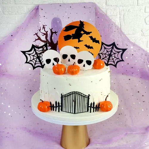 Vista 7 de Decoración para tartas de Halloween, luna y fantasma, cabeza de calabaza, calavera y telaraña, decoración de pastel para Halloween de dulce o truco