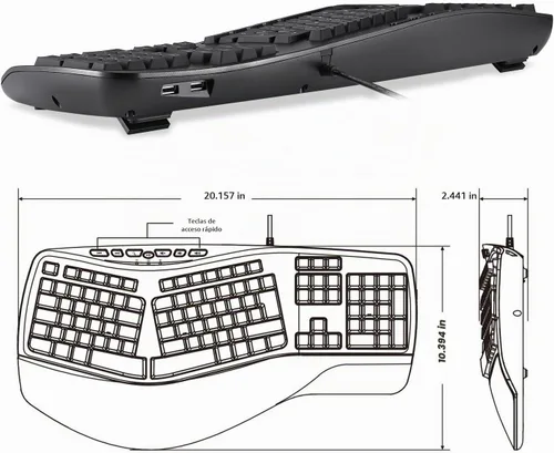 Vista 5 de Perixx PERIBOARD-312 Teclado ergonómico retroiluminado - USB con cable con 2 concentradores - Diseño dividido natural - LED blanco - Negro