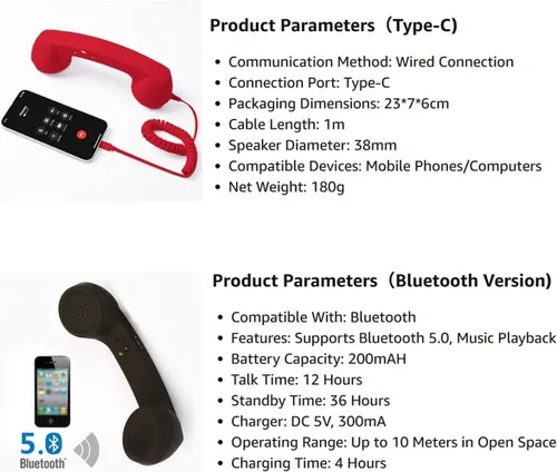 Vista 7 de Auricular de Teléfono Retro, Nuevo Auricular de Teléfono Retro 2026 para iPhone y Android, Tipo-C/Bluetooth Inalámbrico Receptor de Teléfono Antiguo