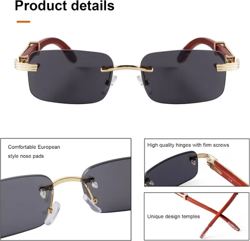 Vista 5 de Laurinny Lentes de sol rectangulares de metal dorado con lente tintada, patillas de madera de los años 90, gafas retro para mujeres y hombres