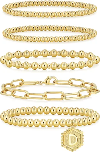 Vista 36 de adoyi - Pulseras de oro para mujer, impermeables, con cuentas de bolas chapadas en oro de 14K, pulseras ajustables apilables para regalos