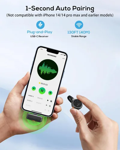 Vista 6 de Micrófono Lavalier inalámbrico para iPhone, iPad, Android - Enchufe USB-C con cancelación de ruido, mini micrófono de solapa con estuche de carga