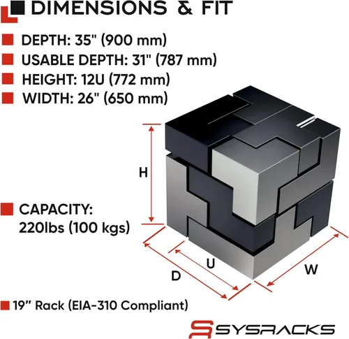 Vista 5 de Sysracks - Gabinete de servidor insonorizado de 12U, 19 pulgadas, puerta de cristal
